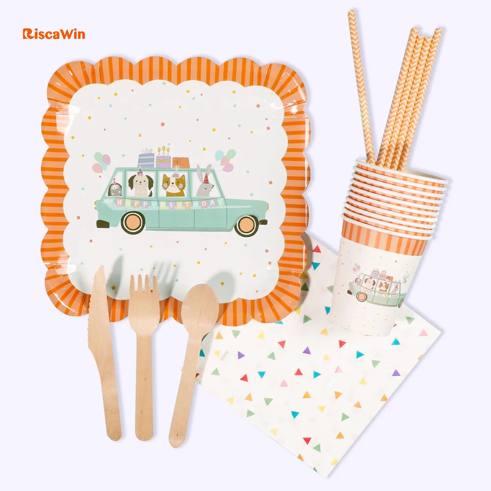 

RiscaWin Animal Car Paper Plates Cups Straws Disposable Tableware Birthday Party Decoration Kids Cake Dishes For Baby Shower Boy