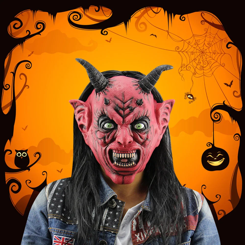 

Horror Satan Devil Mask With Wig Ox Horn Realistic Lightweight Breathable Latex Mask For Masquerade Halloween Party Tricks