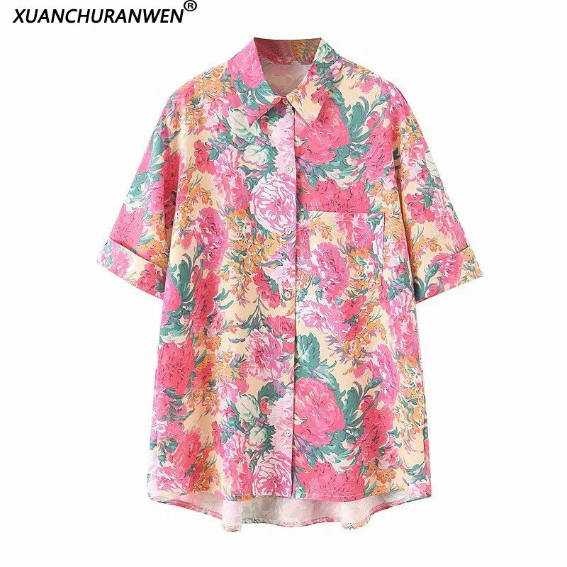 

New Summer Plus Size Loose Floral Blouse Turn Down Collar Short Sleeve Pocket Shirts Ladies Casual Tops XZ2077