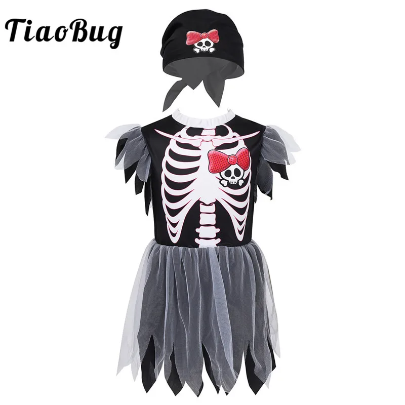 

TiaoBug Children Scary Skeleton Pirate Printed Mesh Tutu Dress with Headband Ghost Cosplay Party Kids Girls Halloween Costume