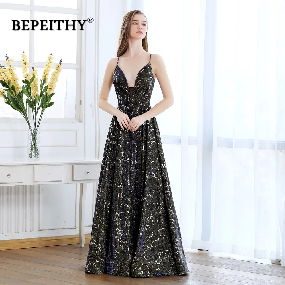 

BEPEITHY V neck Long Evening Dress Party Elegant Glitter Leopard Printed Prom Dress Vestido De Festia 2019 New