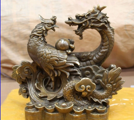 

free 11" Chinese Fengshui Folk Bronze Dragon Phoenix Play Bead Auspicious Statue fast