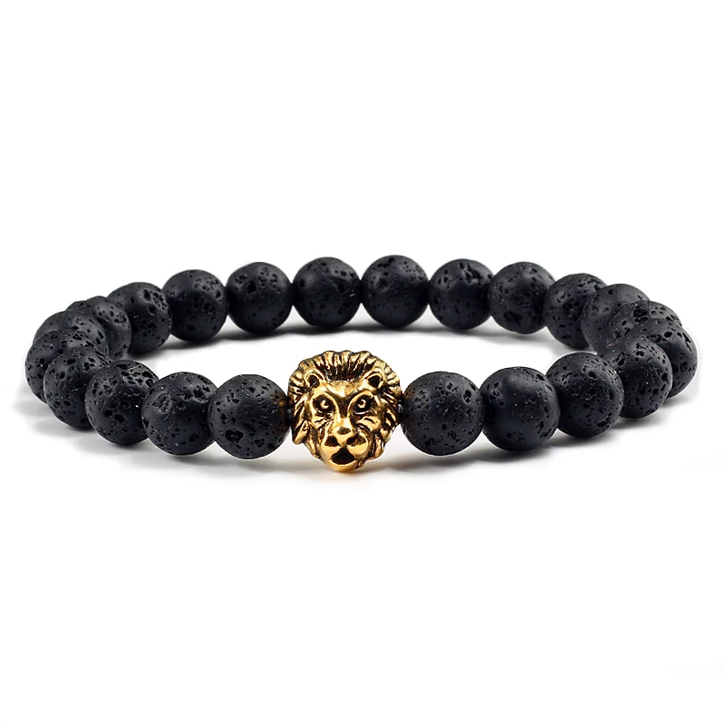 

Fashion Personality Animal Natural Stone Volcanic Lava Bracelets Silver Gold Lion Head Beaded Bangles Charming Men Jewelry Gifts