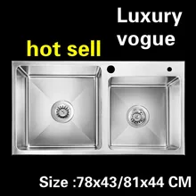 Квартира Роскошные кухня ручная раковина двойной паз сделать блюда 304 нержавеющая сталь Лидер продаж 780x430/810x440 мм