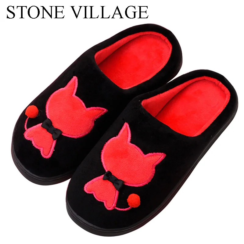 

STONE VILLAGE High Quality Winter Warm Home Slippers Women Ladies Cute Cartoon Cat Coral Velvet Indoor Women Slippers Shoes