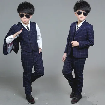 

spring Autumn New Child Blazers Suits Boy Clothing sets Coat + Pants + waistcoat 3pcs suit Baby Costumes plaid Kids Garment