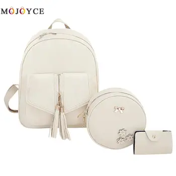 

3pcs/Set Tassels Bowknot PU Leather Women Backpacks Cute School Backpacks For Teenage Girls Female mochila