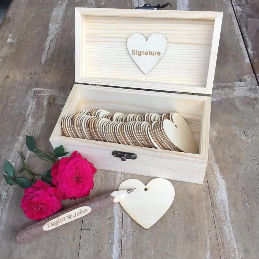

Personalized Wedding guest book with hearts,Custom name and date Wooden Keepsake box,rustic engrave wedding guest book