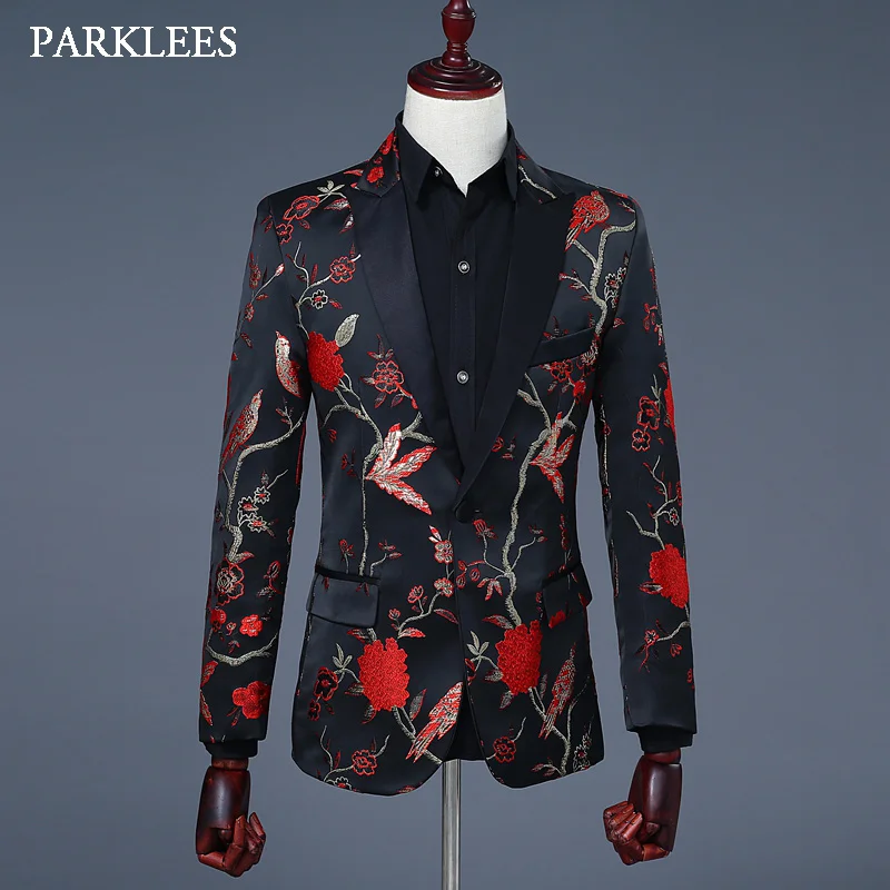 Flower Bird Jacquard Blazer Men Luxury Embroidery Mens Gold Green Red