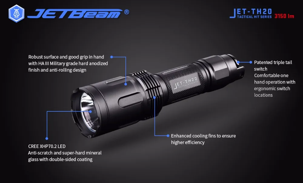 Новейший тактический фонарь JETBeam TH20 CREE XHP70 светодиодный 3150 люмен с литий-ионным аккумулятором 18650(оранжевая зернистая чашка