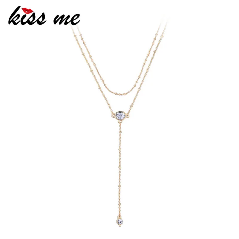 

KISS ME Silver Gold Color Double Chain Layered Necklace Korean Trendy Acrylic Crystal Geometric Necklaces Pendants Party Jewelry