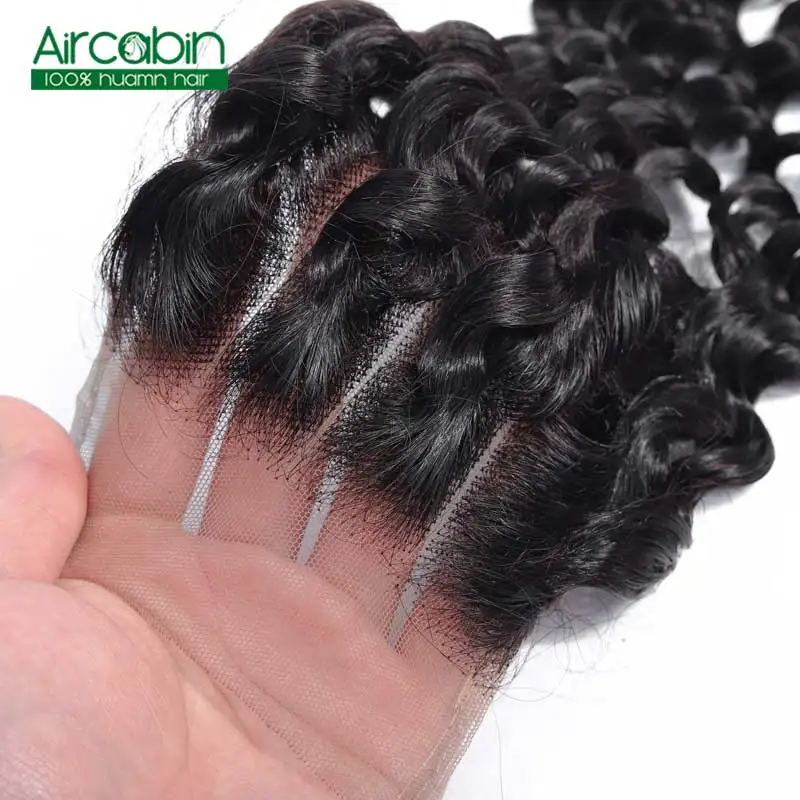 Brazilian Deep Wave Bundles with Closure Human Hair 3 Bundles with Lace Closure Bleached Knots AirCabin Non Remy Extensions