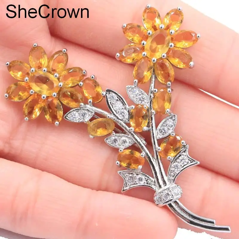 

Pretty Flowers Shape Golden Citrine Pink Rasbperry Rhodolite Garnet CZ SheCrown Gift For Girls Silver Brooch 61x44mm