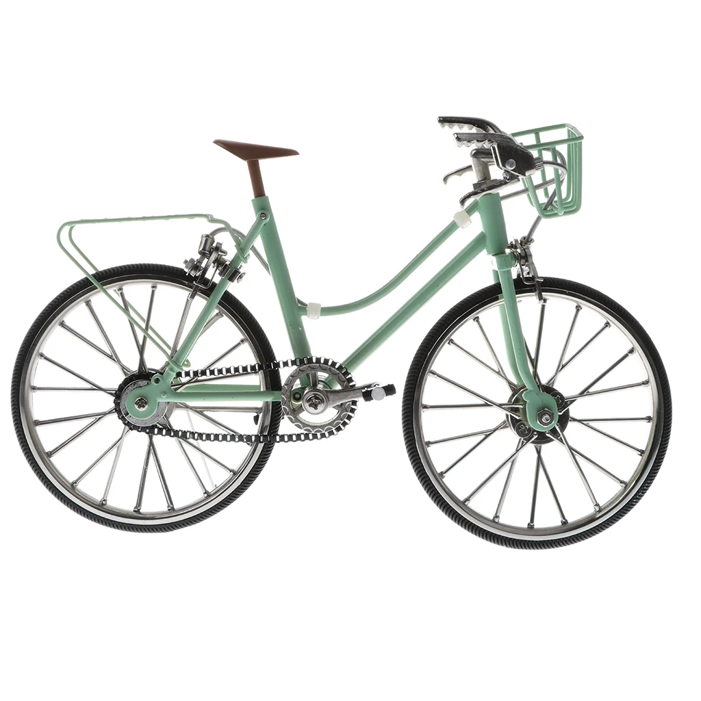 1/10 Mini Green Bike Alloy Diecast Models Bicycle with Basket & Seat Replica Toy