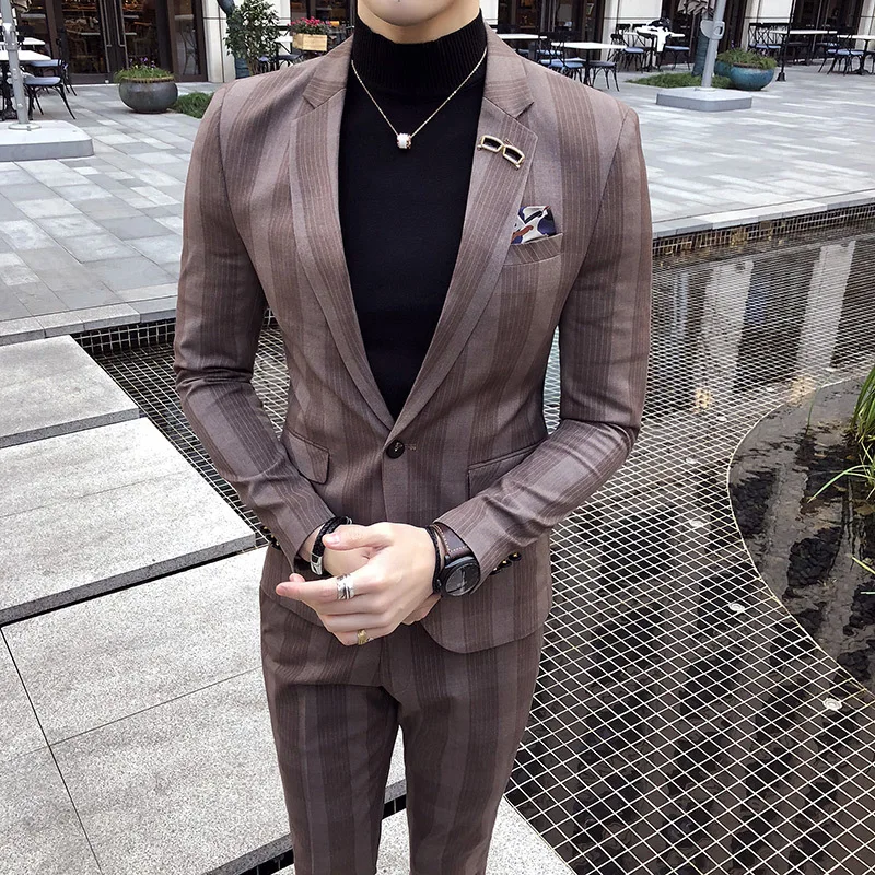 Мужской большой клетчатый костюм, костюм до щиколотки, Homme Mariage Cofee, в синюю полоску, в клетку, элегантный Trajes De Hombre Novio, клетчатый костюм для мужчин - Цвет: Coffee