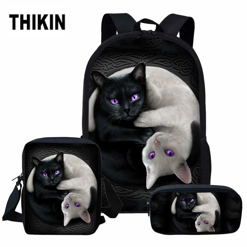 

THIKIN Gothic Moon Black Cat Printing Primary Schoolbag 3pcs School Bag Set Kids Backpack Teen Girls Casual Book Bags Satchel