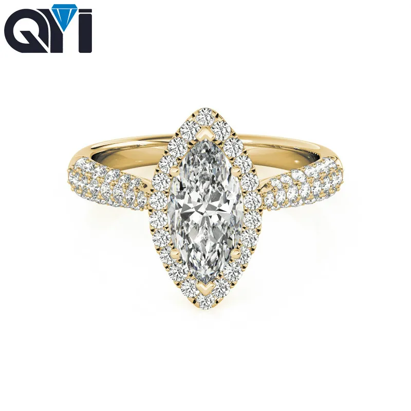 QYI Marquise Cut Halo engagement Sona Zircon Rings 14k Yellow gold Romantic Fashion Jewelry for Woman | Украшения и аксессуары