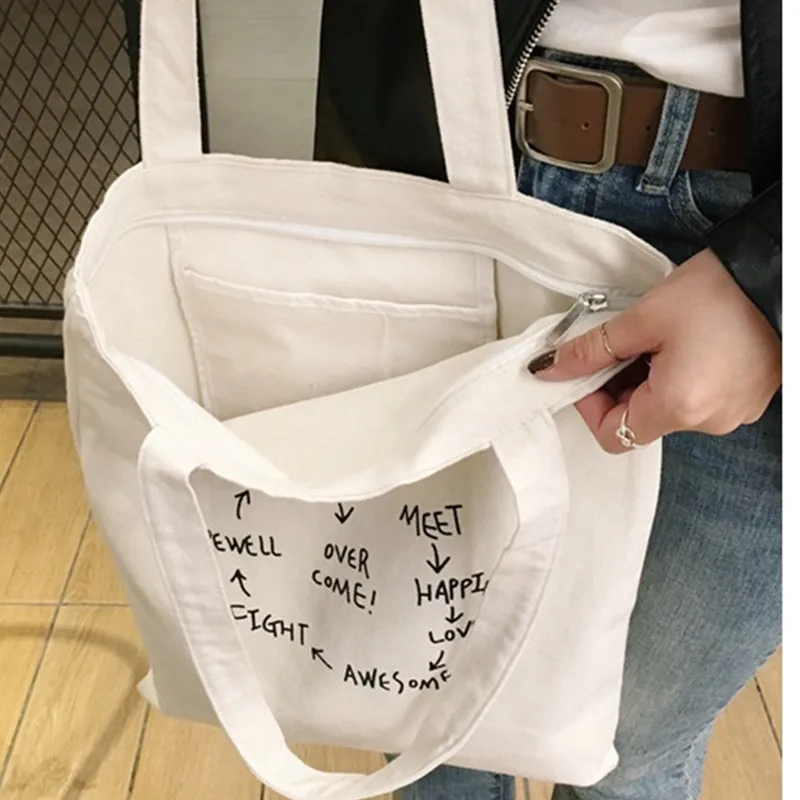 Холст хлопок простой мультфильм печати сумки для покупок, на молнии модная одежда для девочек одноцветное цвет жизни повседневное pacakge сумочка