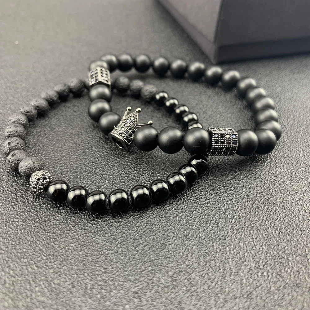 

Luxury Crown Bracelets Set Pave Cubic Zirconia Cylinder Ball Charms Natural Stone Beads Men Bracelets & Bangles For Men Jewelry