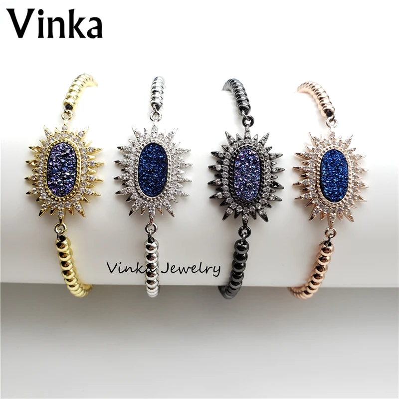 10Pcs/Lot 2018 New Wholesale Popular Natural Drusy & Cubic Zirconia Stone Charm Adjustable Bracelet for Women | Украшения и