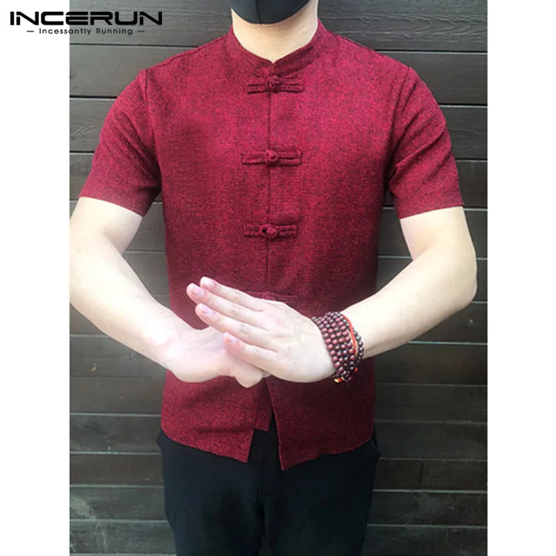 INCERUN, мужская рубашка в китайском стиле, на пуговицах, с воротником-стойкой, короткий рукав, повседневные свободные топы, одноцветные винтажные рубашки в стиле Тан для мужчин