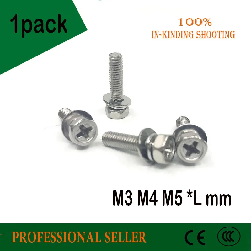 

M3 M4 M5 *L mm 304 stainless steel cross recessed hexagon head three sems screw combination screw for solid state relay