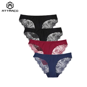 

ATTRACO Women Hipster Underwear String Pantie Briefs Cotton 4 Pack Tanga Thong Lace Edge Breathable Transparent