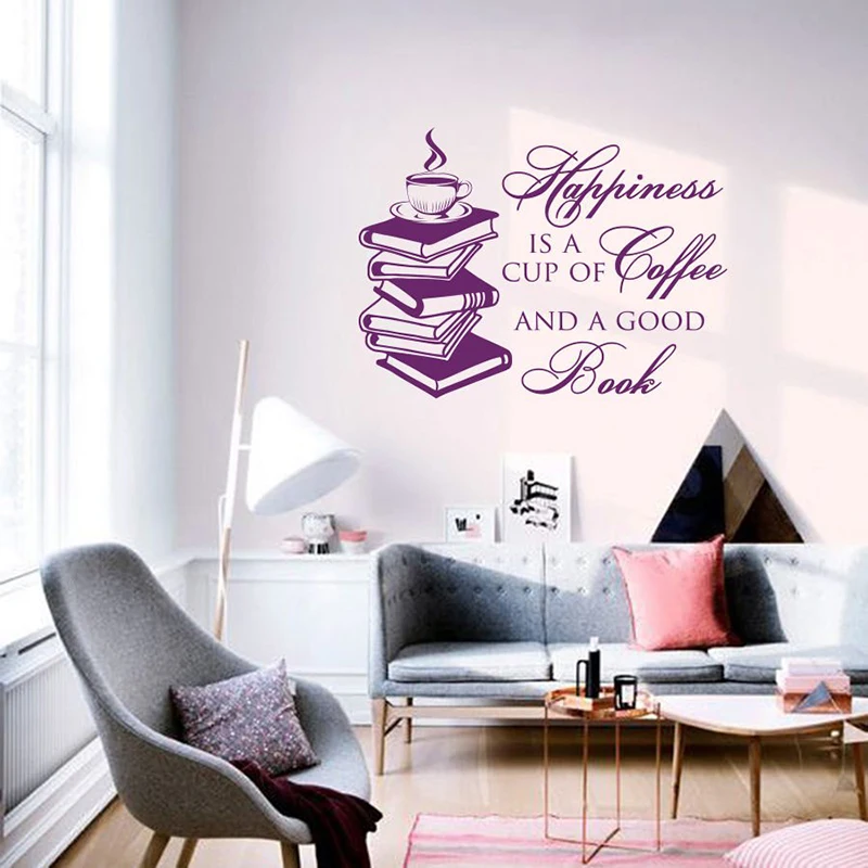 Наклейка на стене Цитата счастье-чашка кофе и хорошая книга для чтения Виниловая наклейка для детской библиотеки Фреска домашний декор L460