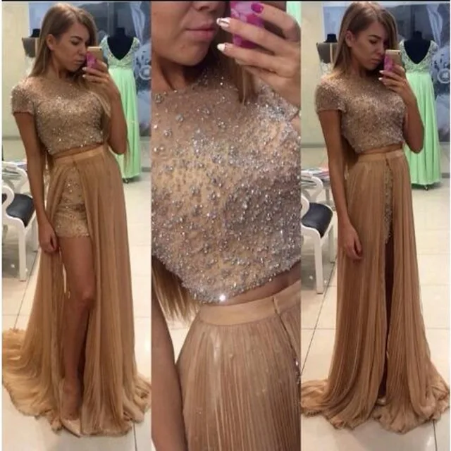

Sparkling Long Dresses Pleat 2018 Abendkleider Beaded Pageant Dresses Vestido de festa 2 Pieces Dress To Party Robe De Soiree