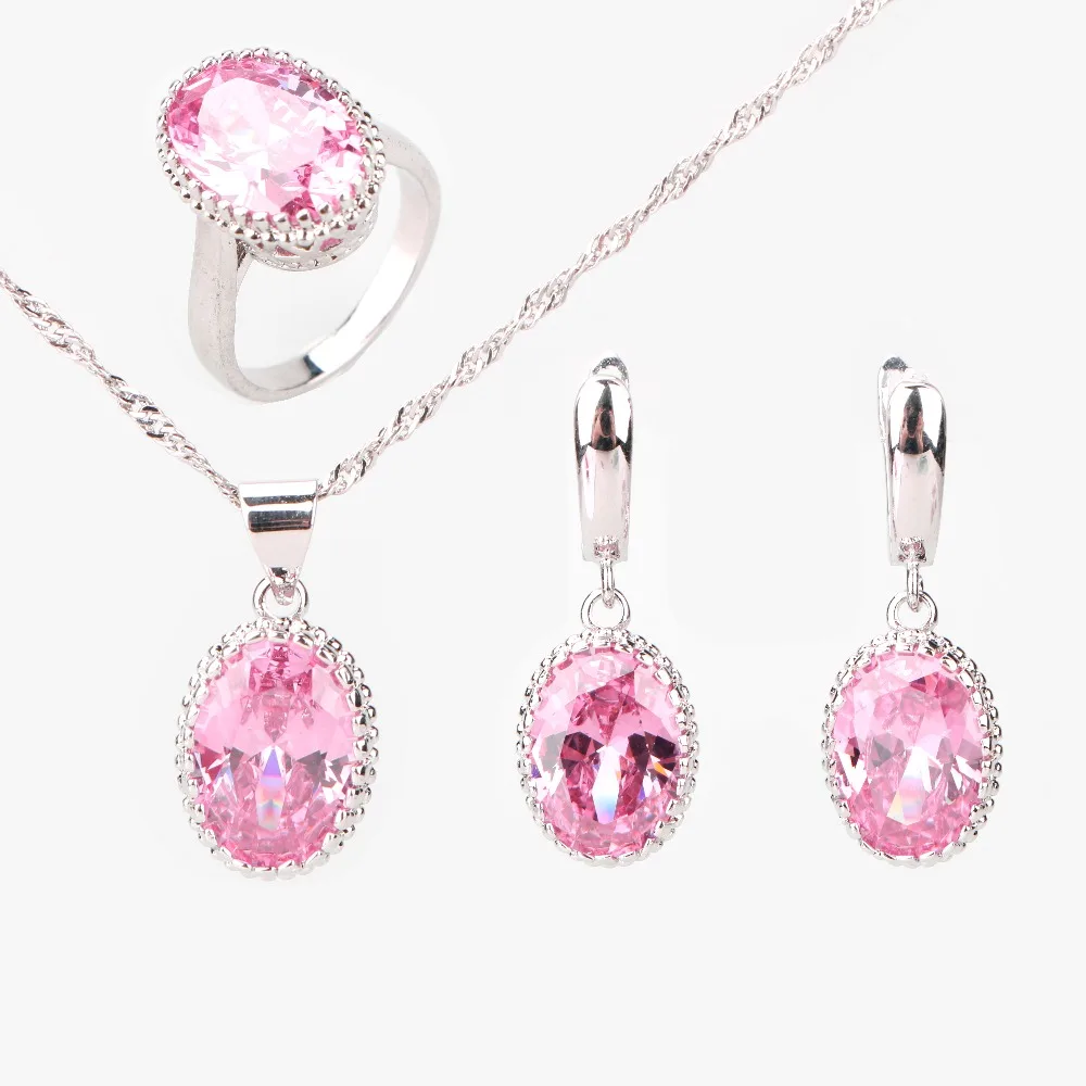 

Christmas Gifts Lovely Ladies Pink Cubic Zirconia 925 Sterling Silver Jewelry Sets For Women Earrings/Pendant/Necklace/Rings