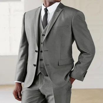 

Fashionable Two Button costume homme Grey Groom Tuxedos Groomsmen Mens Wedding Suits Prom Bridegroom (Jacket+Pants+Vest+Tie)