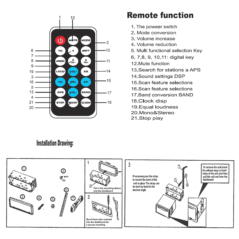 Multifunction BT Vehicle Car Stereo Radio Audio Player Receiver In-Dash FM Aux Input WMA WAV MP3 Player with SD / USB Port