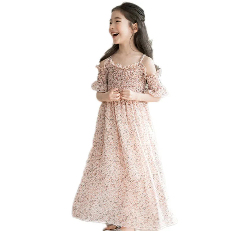 

children summer dress 2018 new kids clothes short sleeve girls princess vestidos floral printed chiffon girls costume 4-13T