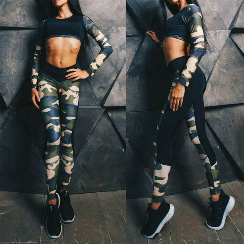 

Women's Tracksuit 2 Pieces Sets Outfits Camouflage Sport Gym Workout Fitness Legging Pants&Long Sleeve Crop Tops Ladies Clothes