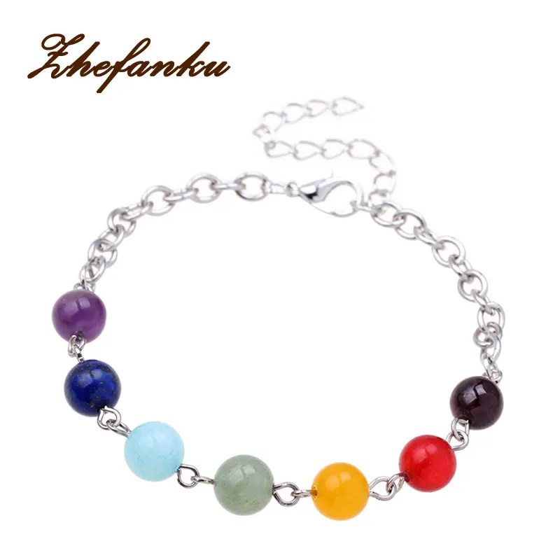 

7 Color Chakra Natural Stone Silver Color Elastic Bracelet Buddha Beads Energy Om Yoga Lava Beads Bracelet