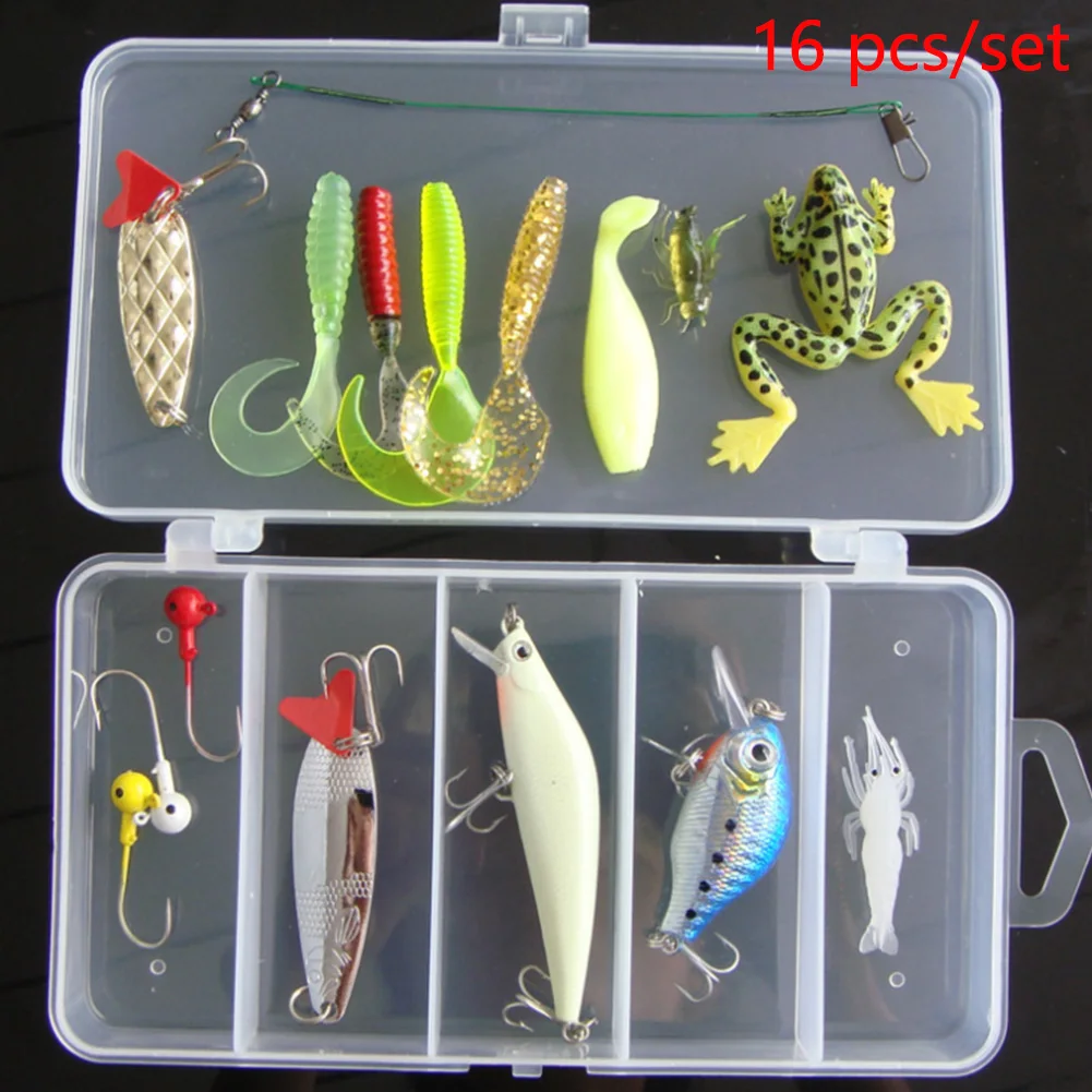 

16PCS With Tackle Box PVC Hook Assorted Shrimp Jig Outdoor Artificial Baits Fishing Lures Set Crank Spoon Soft Accessories