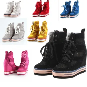 

new arrival lace up wedges hidden high heels casual breathable mesh high top boots high platform height increasing ladies shoes