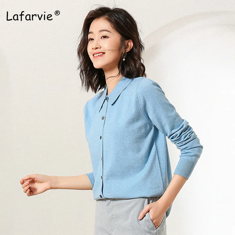Lafarvie Spring Autumn Knitted Turn-down Collar Sweater Cardigan Women Tops Long Sleeve Knitting Jacket Female 6 Colors S-XXL