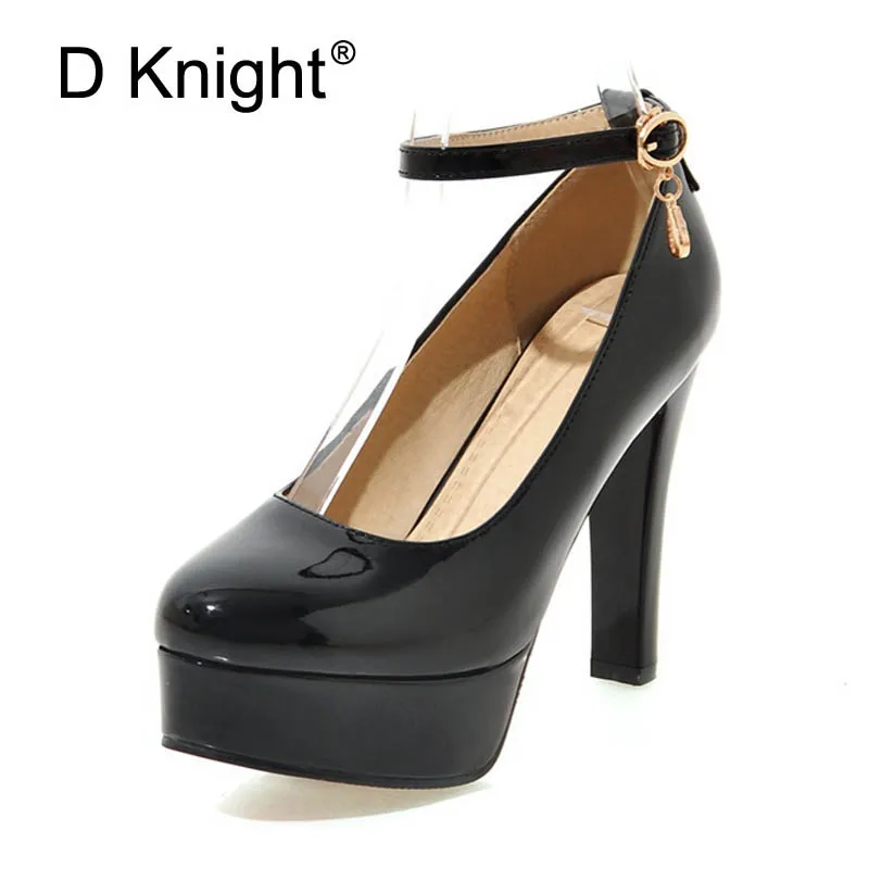 

Women Pumps Buckle Round Toe Patent Leather High Heels Spring Autumn Ladies Casual Platform Wedding Shoes Woman Plus Size 32-43