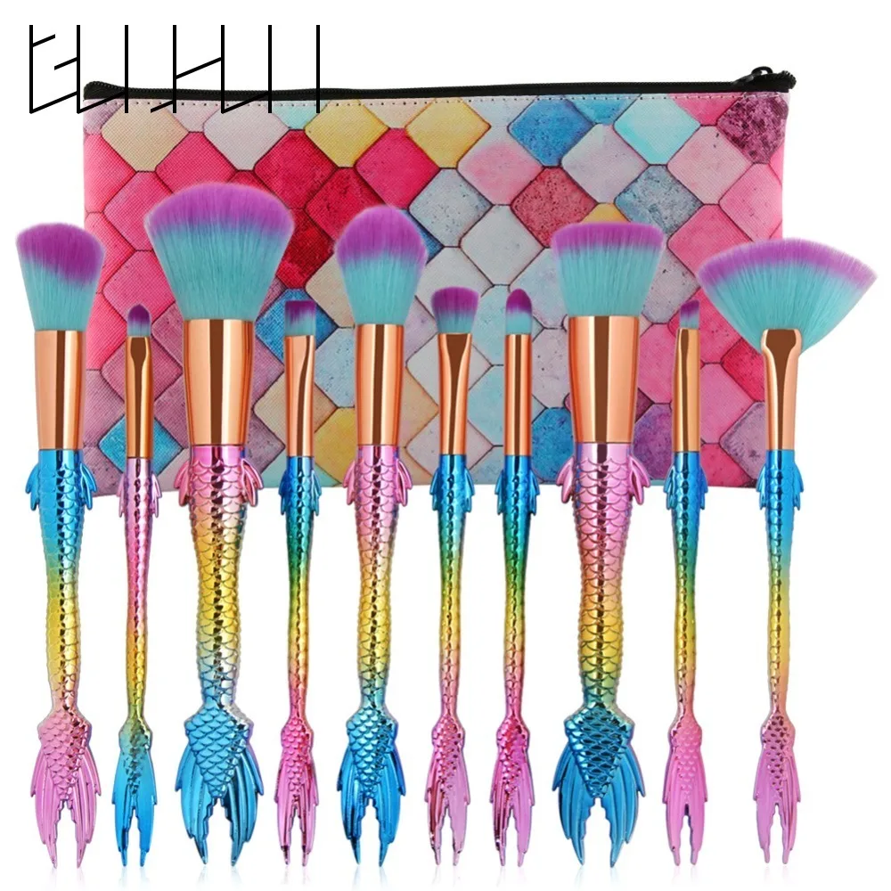 Pro 10Pcs Set Mermaid Shape Makeup Brushes Eyebrow Blush Foundation Contour Concealer Cosmetics Brushes Tool Kit