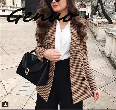 Fashion Autumn Women Plaid Blazers and Jackets Work Office Lady Suit Slim Double Breasted Business Female Blazer Coat Talever
