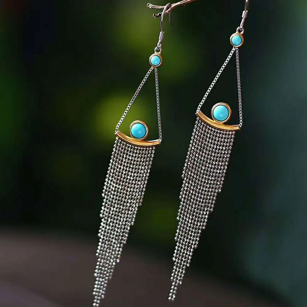 

RADHORSE Turquoise Earring Genuine 925 Sterling Silver Bohemia style Tassel Earring for Women Luxurious Style High jewelry