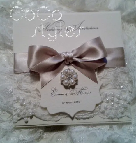  Cocostyles personalized super elegant lace design invitation card with pearl brooch and ribbon for  - 32891232521