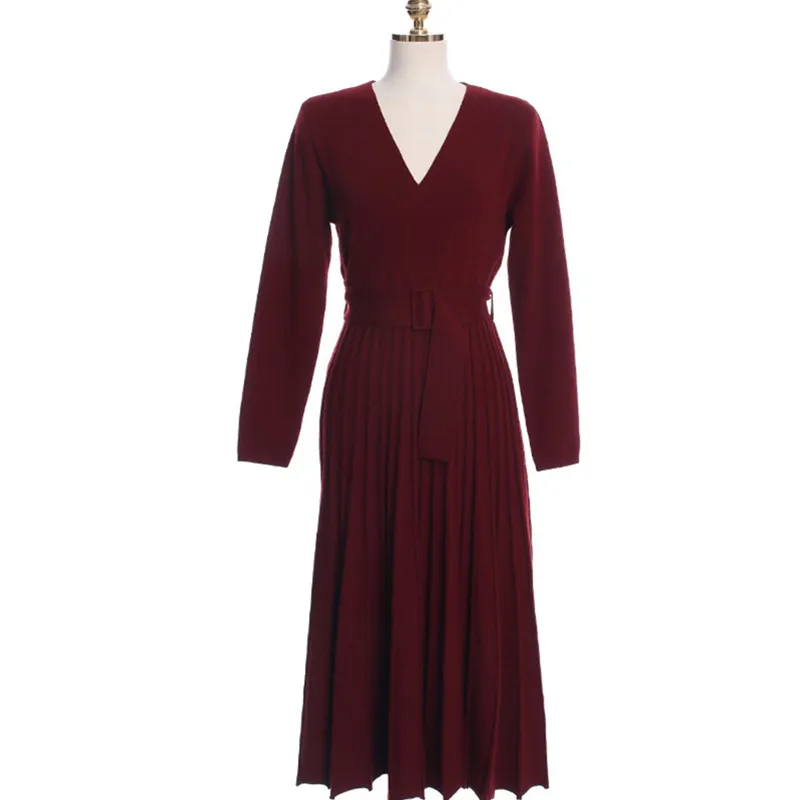 Новая мода подиумное женское вязаное плиссированное платье зимнее с длинным рукавом толстое платье-свитер повседневное сексуальное платье с v-образным вырезом Vestidos