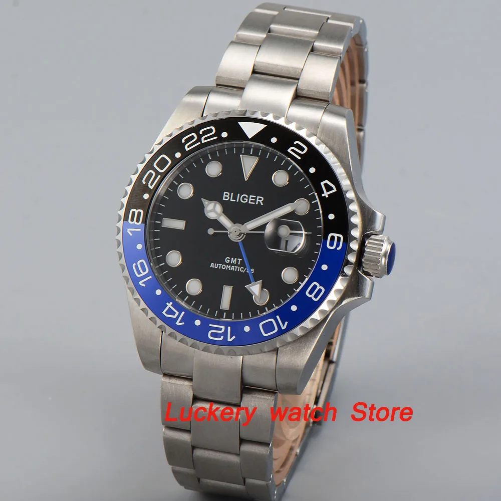 

43mm bliger black dial luminous saphire glass blue and black Ceramic Bezel GMT Automatic movement men's watch-BA05-43