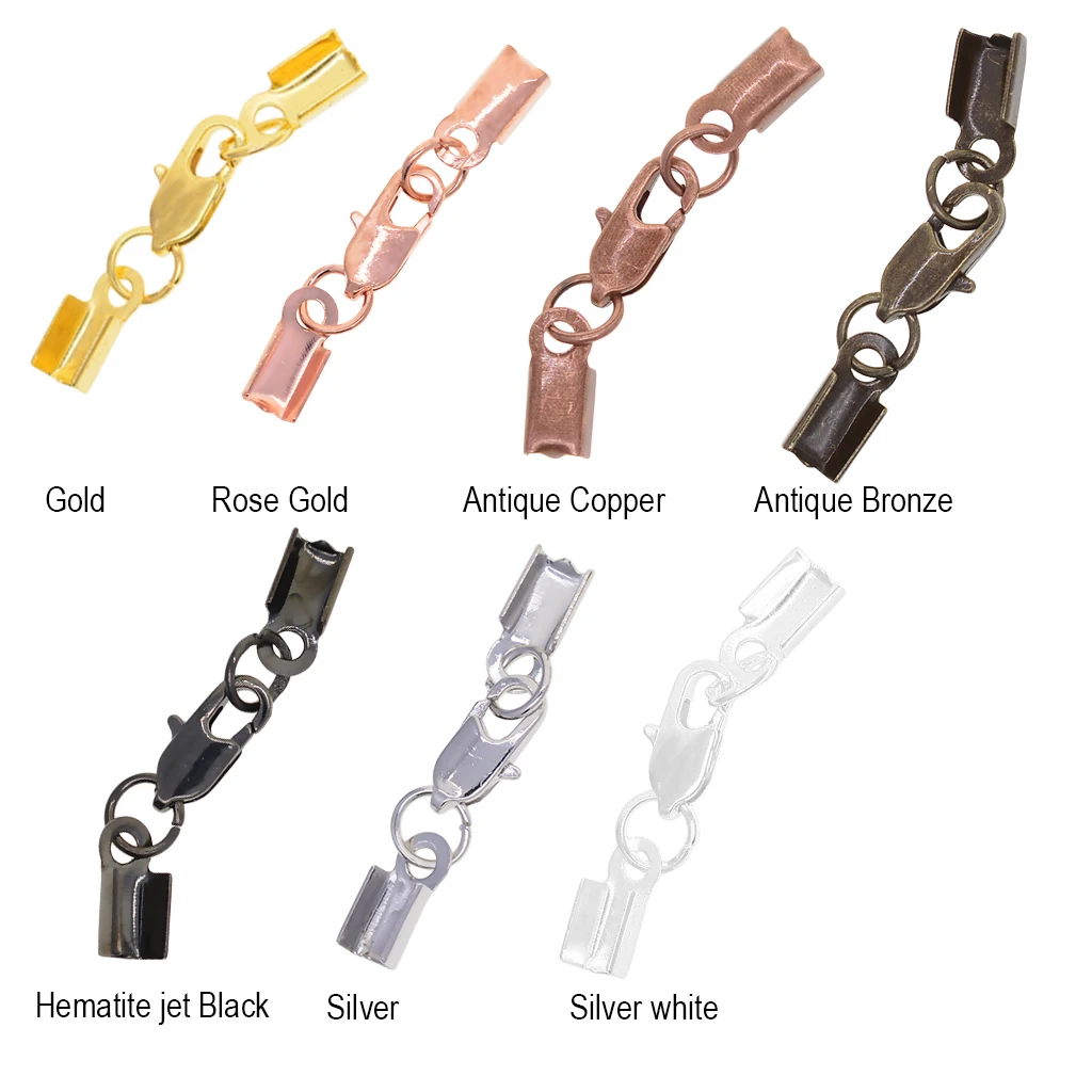 12 Sets Crimp Cord End Cap Clips Bail Tips Connector Findings with Lobster Clasp for Necklace Bracelet Jewelry Making