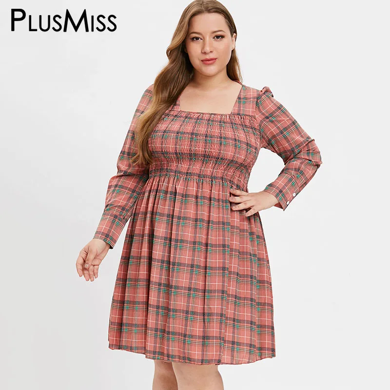 PlusMiss Plus Size 4XL 2XL Smocked Tartan Checked Knee Length Tunic