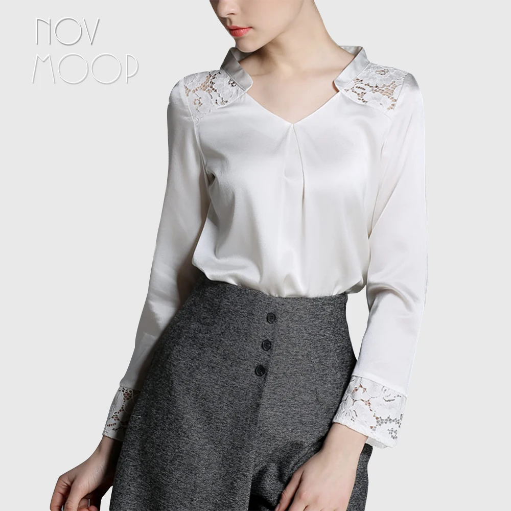 

Elegant hollow out lace spliced office ladies natural silk tops and blouses black white real silk shirt tops camisa blusa LT1980