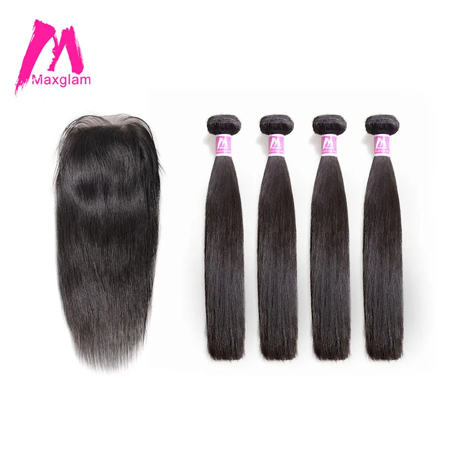 

Maxglam Brazilian 4 Human Hair Bundles with Closure Straight Hair Bundles with Closure Remy Hair Extension Free Shipping