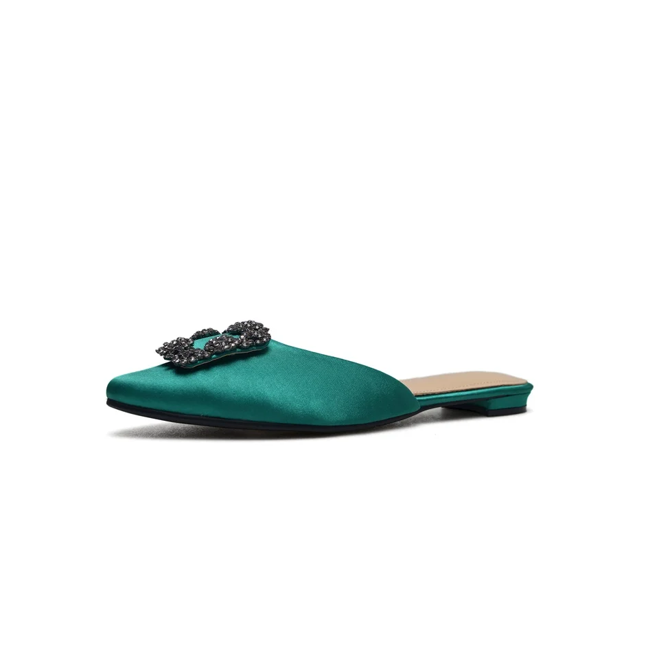 

2019 Summer Autumn Women Mules Crystal Fashion Flat Heel Slip On Slides Shoes Square Backless Slippers Women